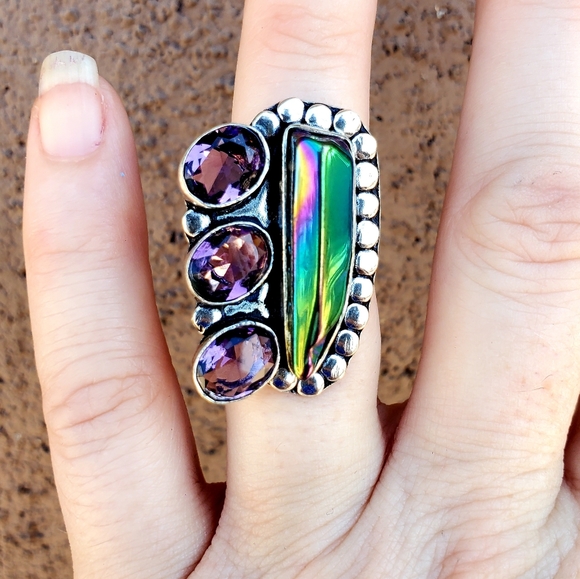 New Rainbow Hematite and Amethyst 925 Silver Ring. - Picture 10 of 16